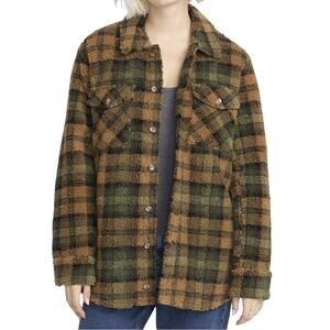 Volcom Silent Sherpa Faux Fur Bronze Plaid Jacket Shacket Size Women Large NWT